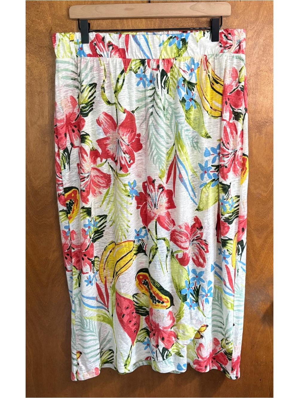 C&C California White Linen Floral Fruit Print Wrap Maxi Skirt XL Boho Resortwear